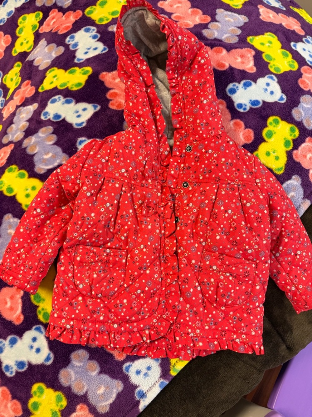 Kids Hooded Puffer Jacket - Red Floral